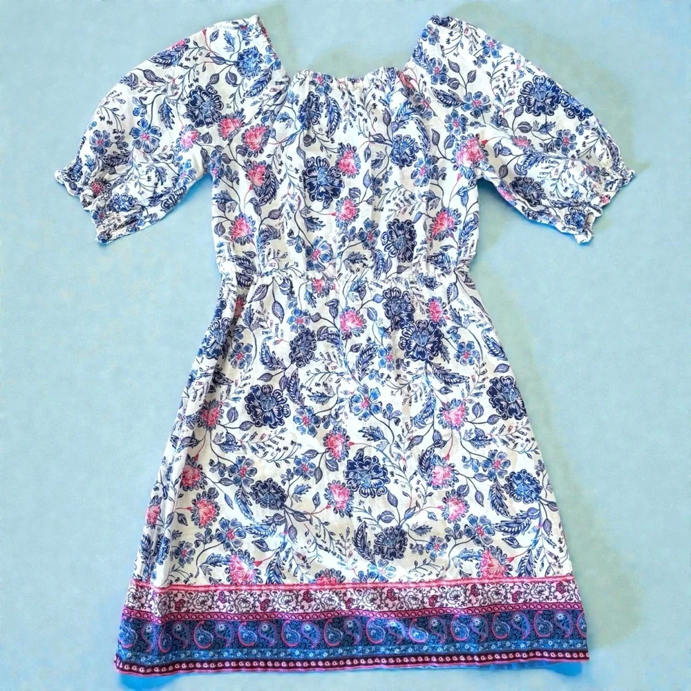 Old Navy Girl Dress Sz L Blue Floral Boho Peasant FairyCore Puff Slv Cottagecore - Picture 2 of 9